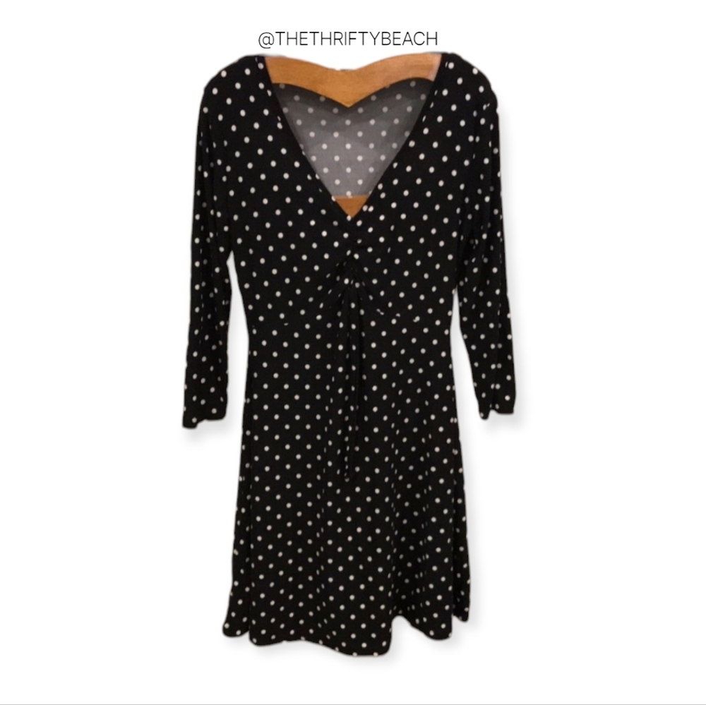 Bobbie Brooks Polka Dot Dress Medium V-Neck 3/4 Sleeve Black White Mini